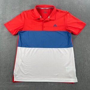 Adidas Mens Medium Red Blue‎ White Colorblock Golf Polo Shirt Short Sleeve